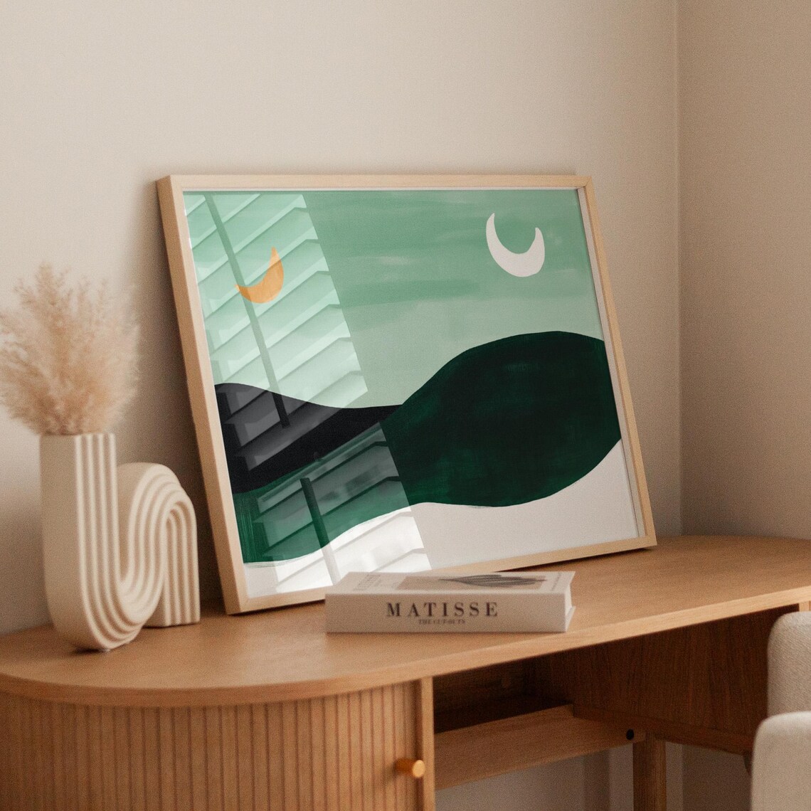 Minimalist Twin Crescent Moons Over Green Hills - Image 6