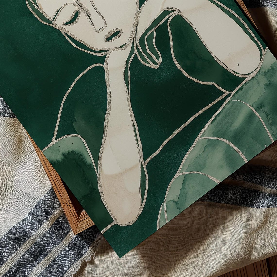 Minimalist Line Art Portrait with Closed Eyes on Green Poster - Image 4