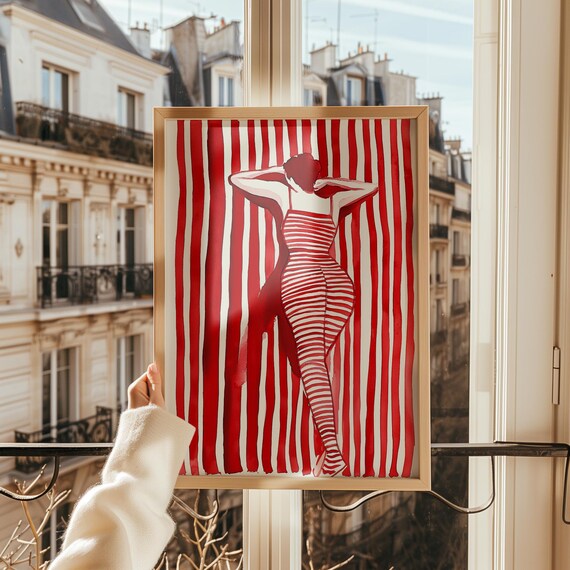 Red Striped Woman from Behind Hands Raised Elegant Art Poster