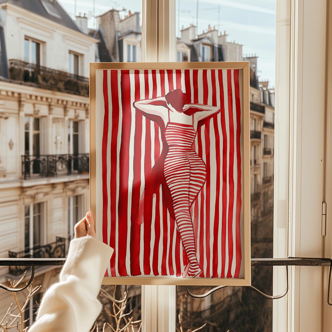 Red Striped Woman from Behind Hands Raised Elegant Art Poster