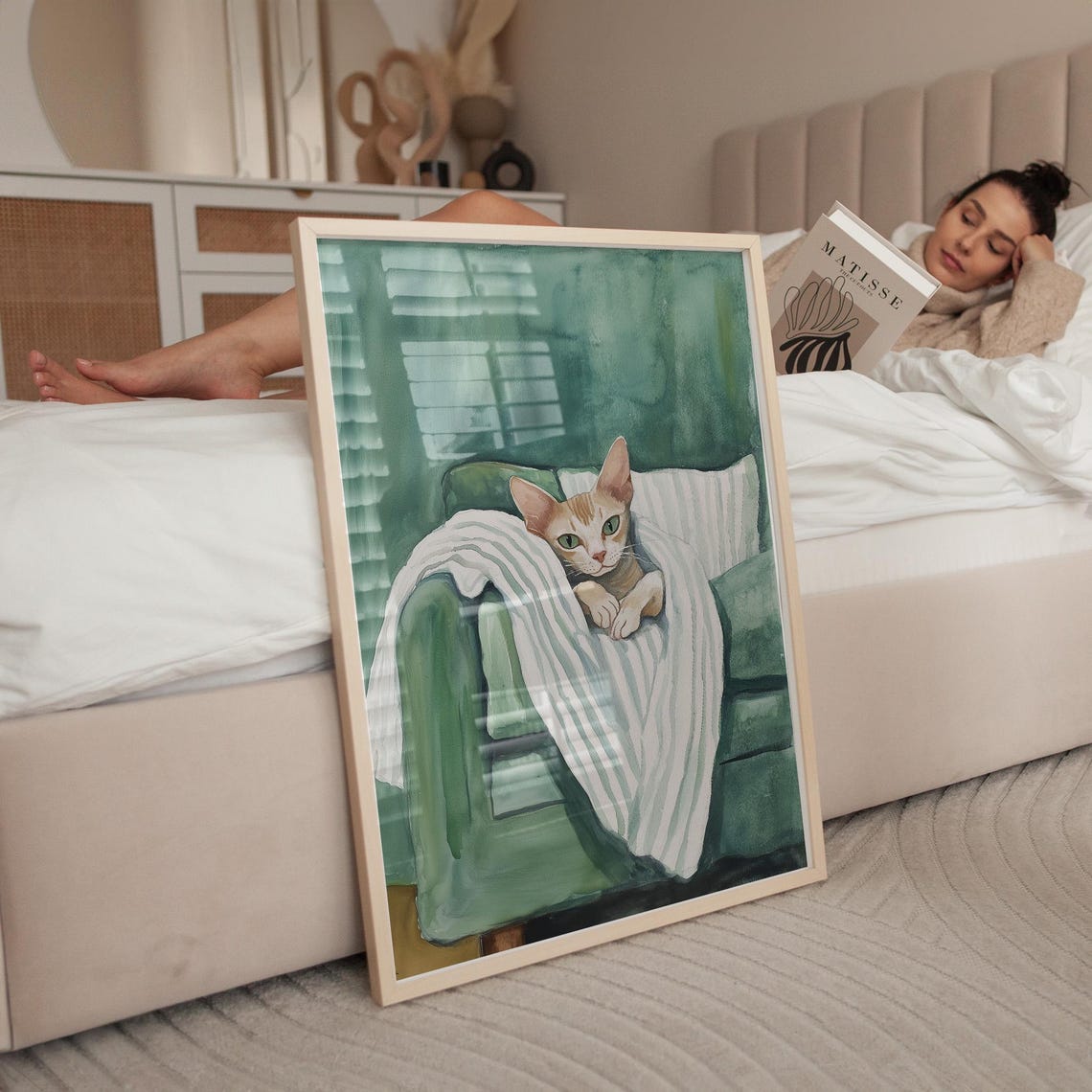 Ginger Cat On Green Armchair Striped Blanket Painting Wall Art - Image 4