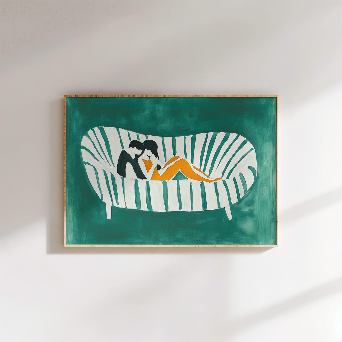 Couple Embracing on Striped Couch Green Abstract Love Poster