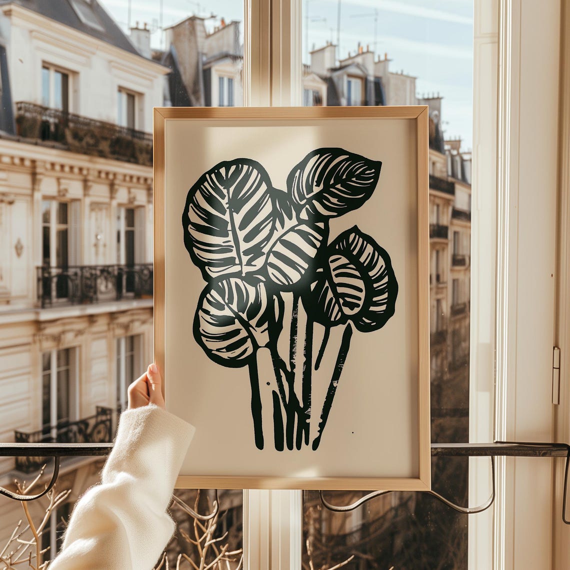 Monochrome Tropical Banana Leaves Linocut Beige Botanical Poster - Image 2