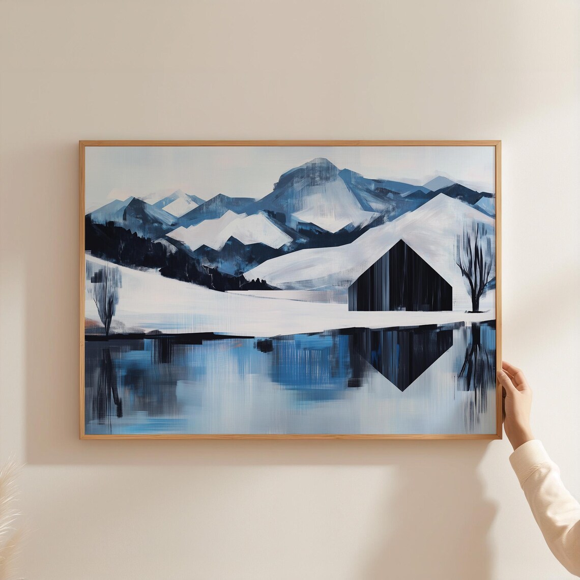 Modern Abstract Winter Landscape, Snowy Mountains and Cabin