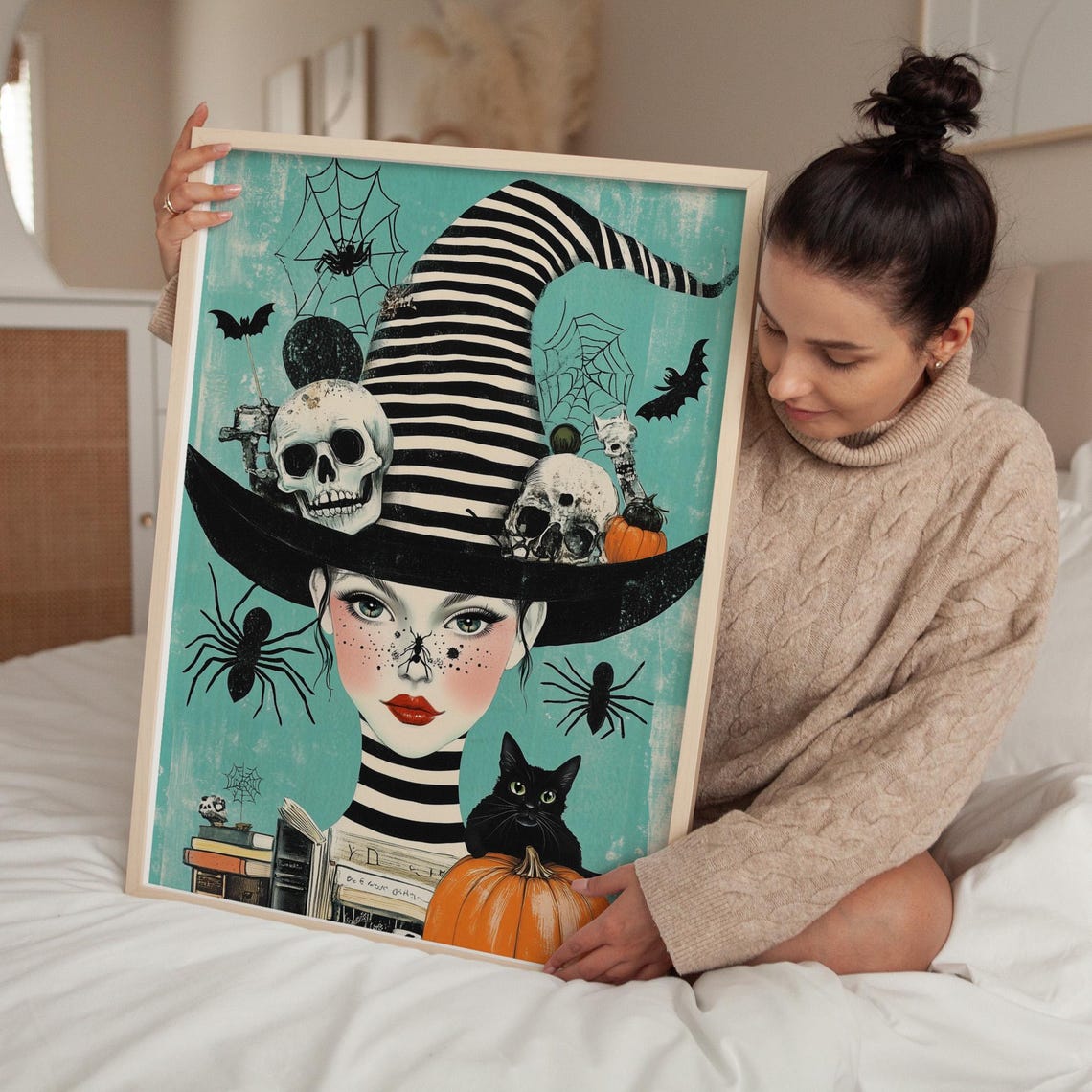 Whimsical Striped Hat Witch with Skulls Cats and Pumpkins Poster