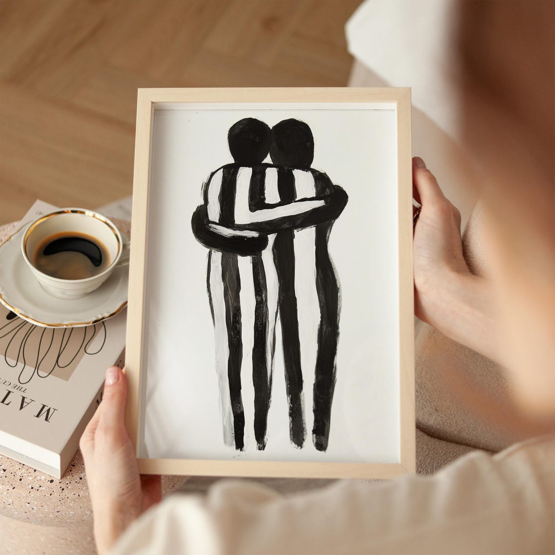 Abstract Couple Hugging Ink Style Black White Minimalist Poster - Image 2