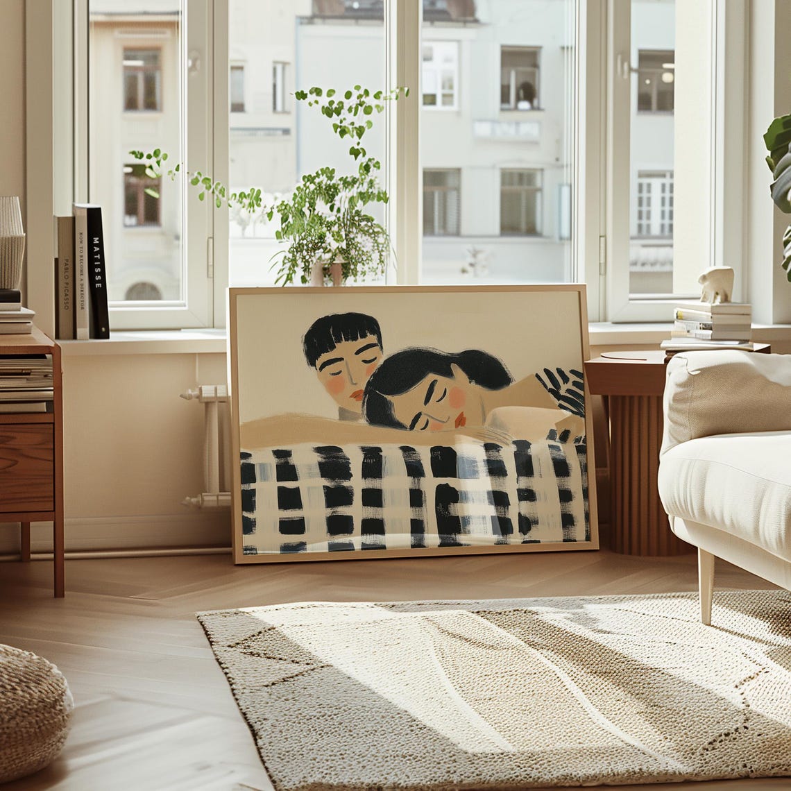 Two Women Sleeping Side by Side on a Checkered Blanket Poster - Image 4