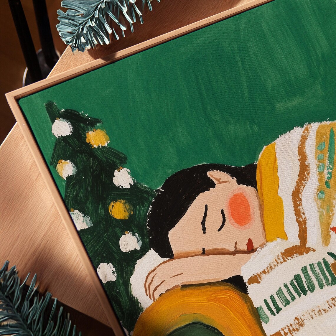 Cozy Christmas Sleeping Woman Striped Blanket Holiday Poster - Image 3
