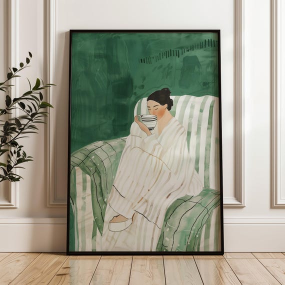 Cozy Morning Woman With Coffee Minimalist Wall Art Calm Relaxing Portrait On Green Armchair Perfect Print For Home Decor