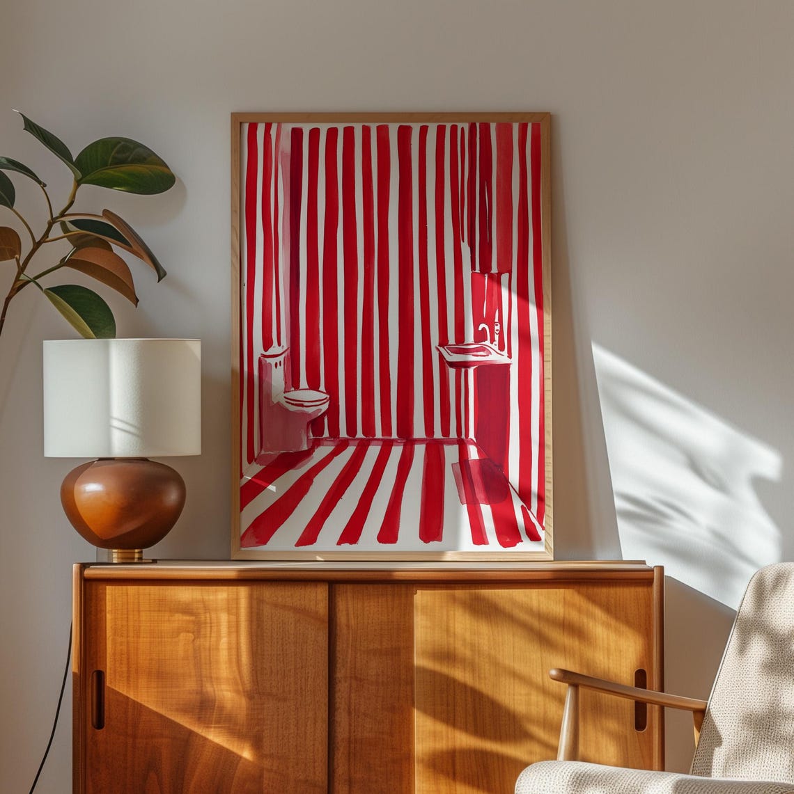 Red Striped Bathroom Art Print Modern Abstract Wall Decor Bold Red And White Illustration Minimalist Contemporary Poster - Image 2