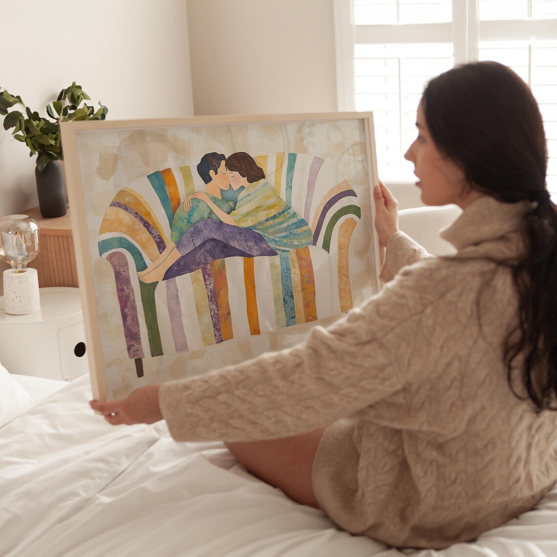Embracing Couple on Rainbow Striped Couch Watercolor Love Poster - Image 3