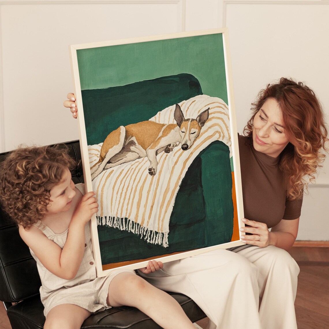 Sleeping Dog Watercolor Portrait Striped Blanket Green Pet Poster - Image 2