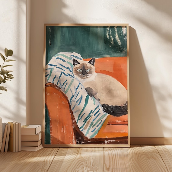 Siamese Cat On Orange Couch Cozy Acrylic Cat Painting Poster