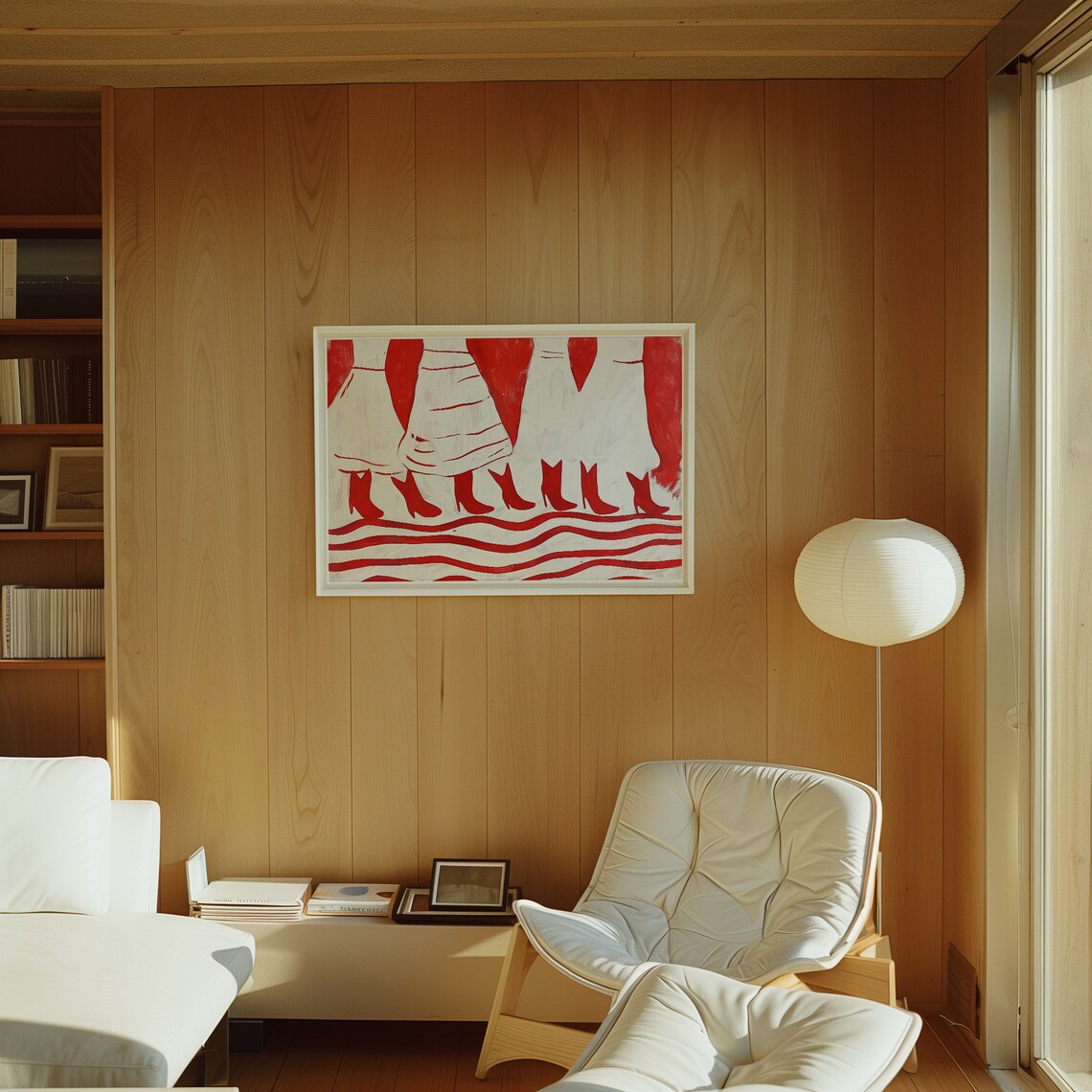 Red and White Abstract Women in Skirts and Boots Modern Art Wall Poster - Image 3