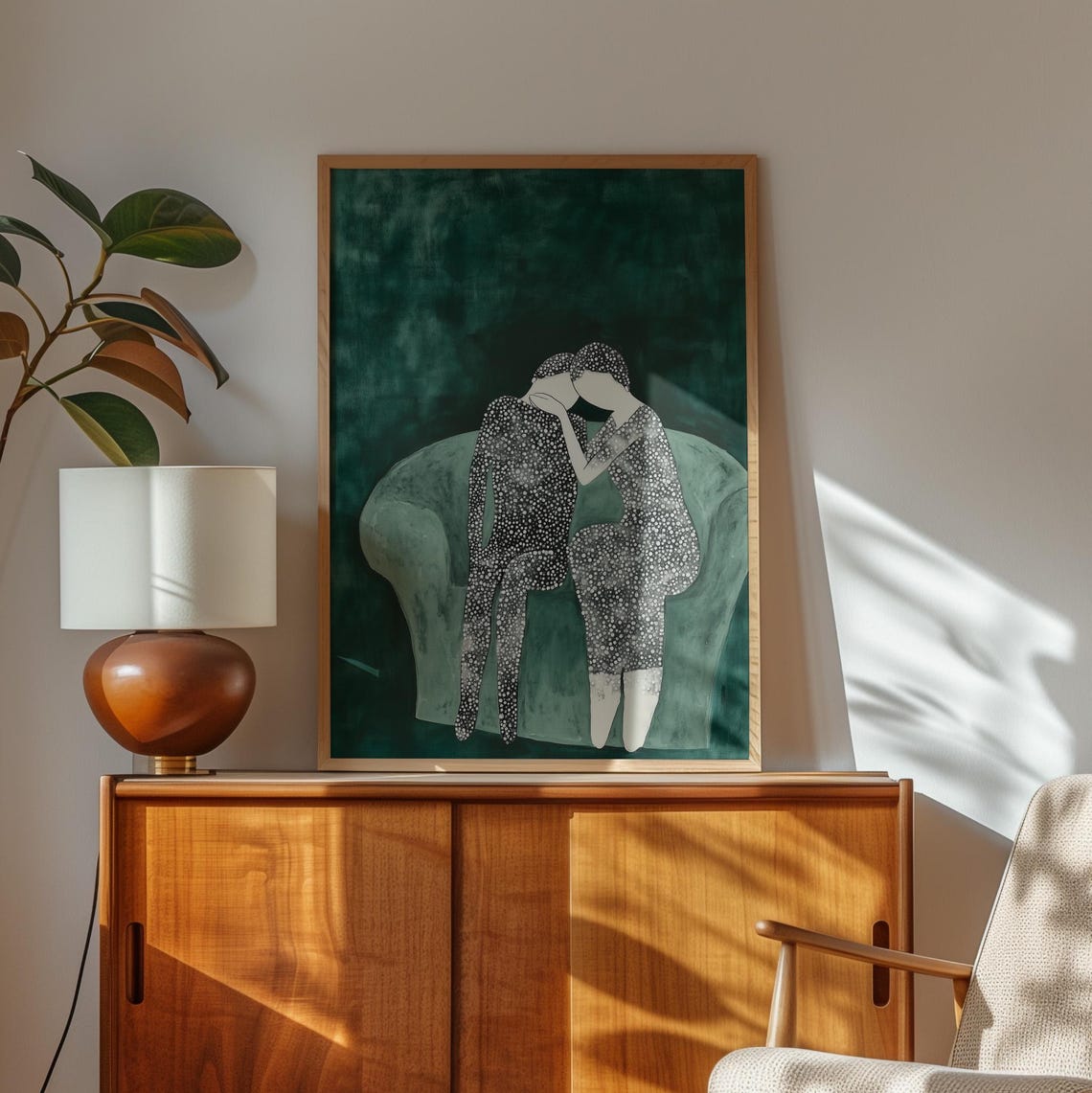 Intimate Embrace of Two Dotted Figures on a Green Sofa Poster - Image 3