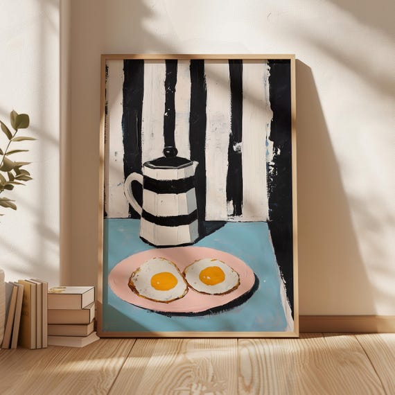 Eggs Coffee Print Minimalist Breakfast Art Blue And Pink Food Illustration Kitchen Wall Art Cozy Brunch Art Food Lover Gift