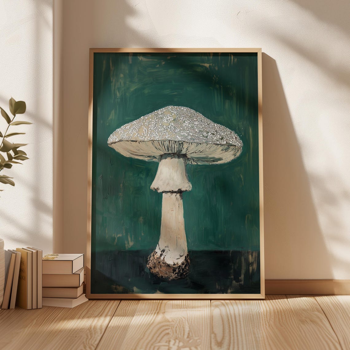 Textured Mushroom Botanical Painting on Emerald Green Poster