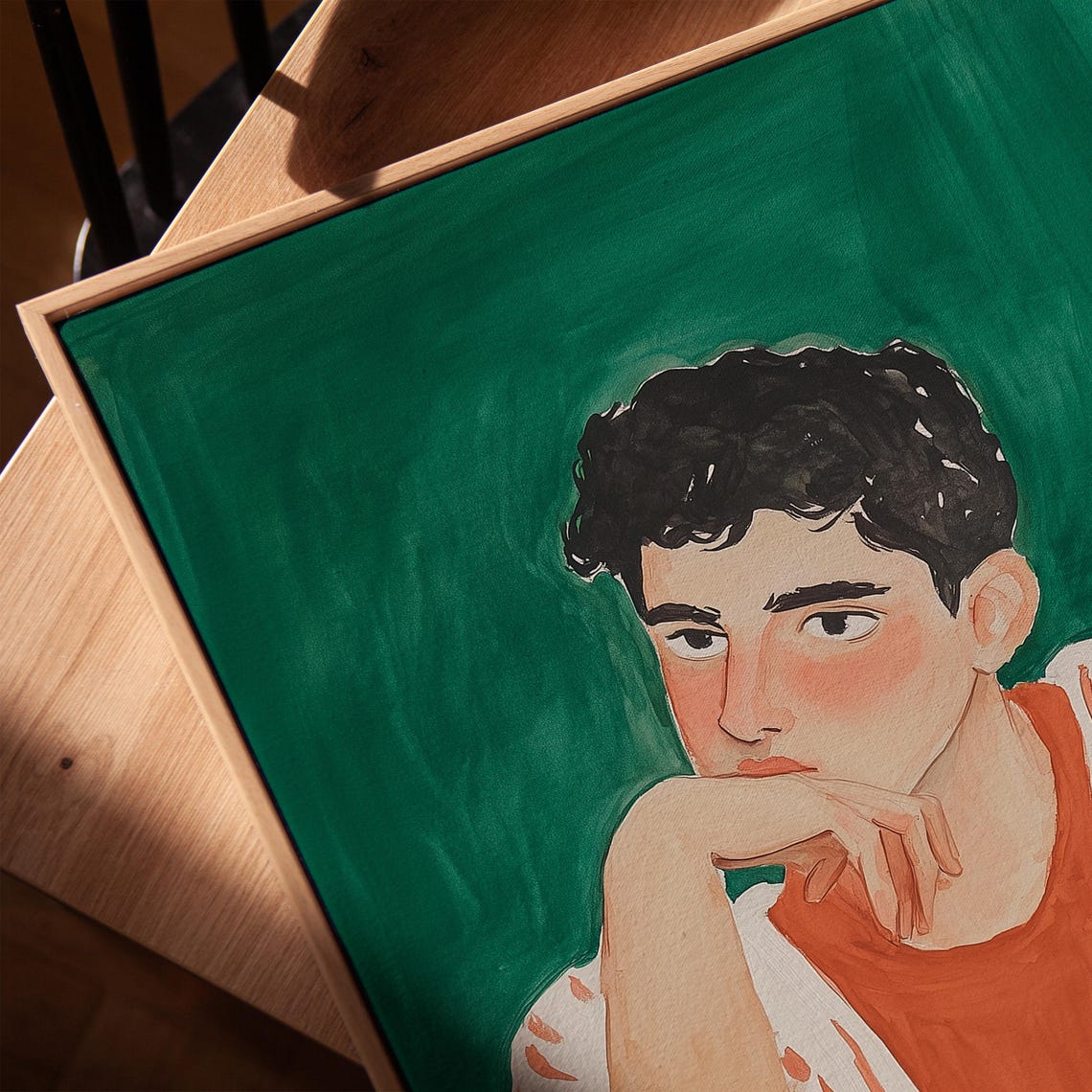 Young Man Resting Chin Striped Shirt Emerald Green Portrait Wall Art - Image 2
