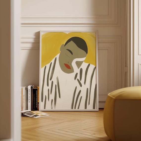 Abstract Sleeping Man Portrait Minimalist Striped Blanket Print Soft Neutral Wall Art Modern Cozy Bedroom Decor Calm Aesthetic Art