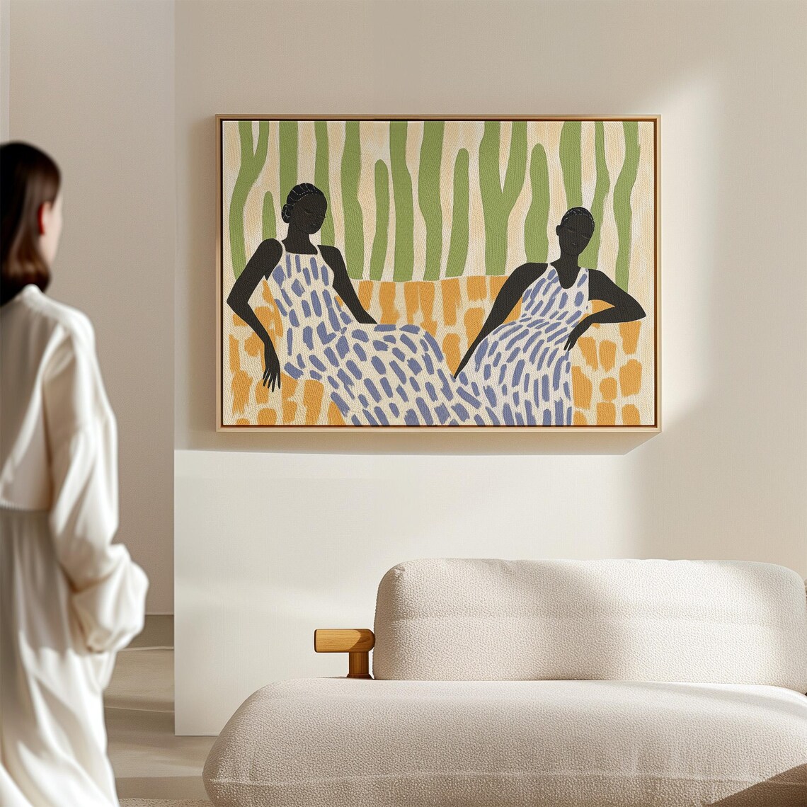 Abstract Women Art Print Modern Minimalist Illustration Vibrant Green And Orange Design Patterned Dresses Contemporary Wall Decor - Image 2
