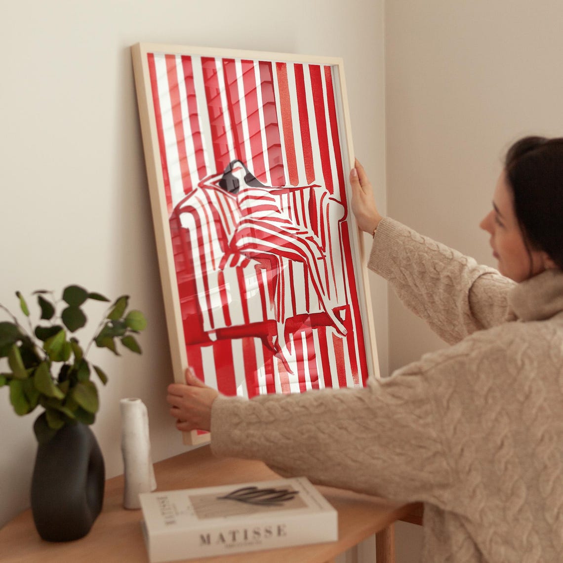 Bold Red And White Stripes Reclining Woman Modern Graphic Poster - Image 3