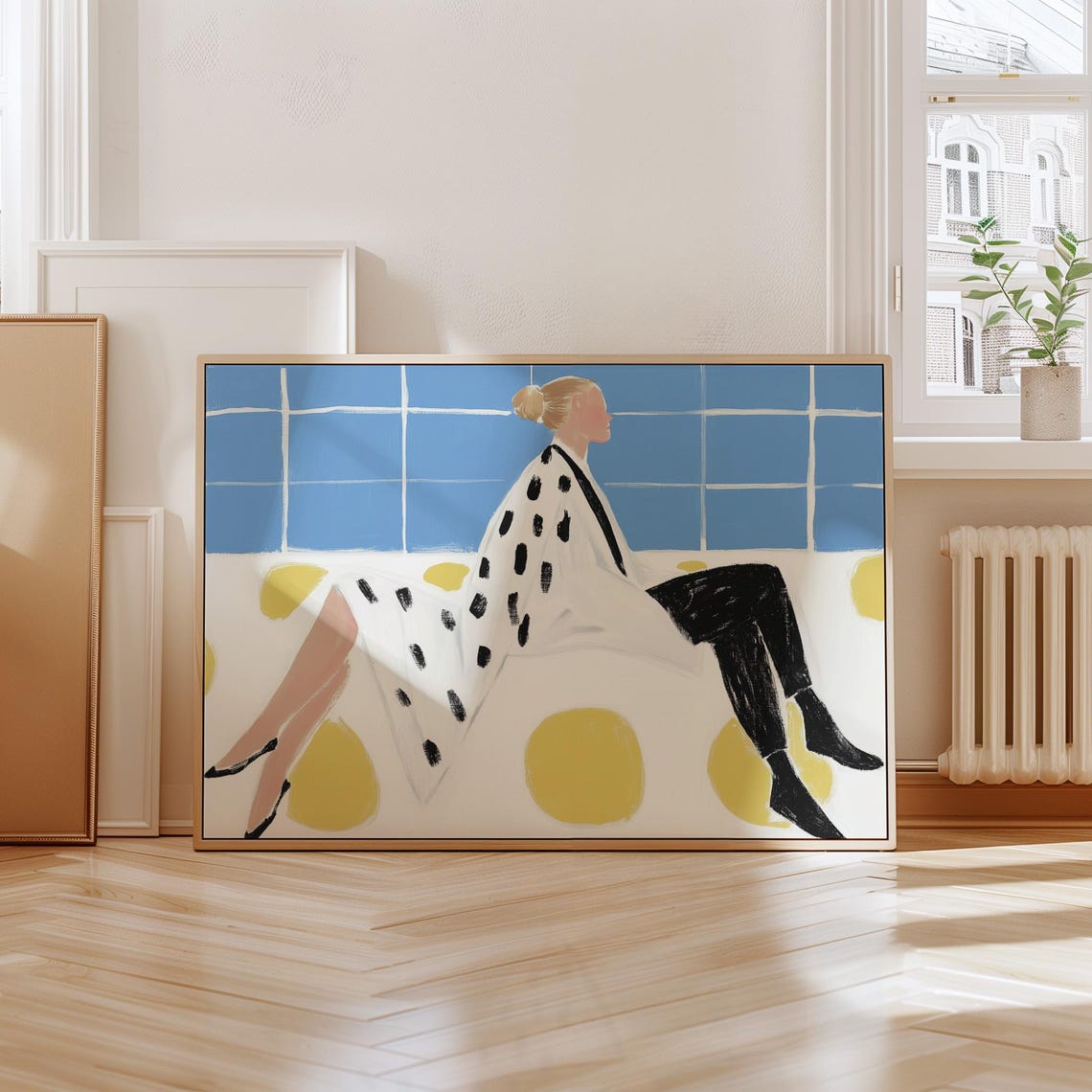 Polka Dot Woman Seated on Blue Tiled Wall Yellow Dots Modern Poster