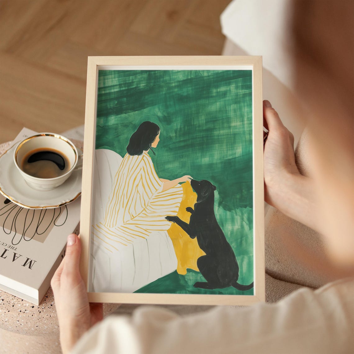 Woman With Black Dog Green Background Modern Figurative Poster - Image 3