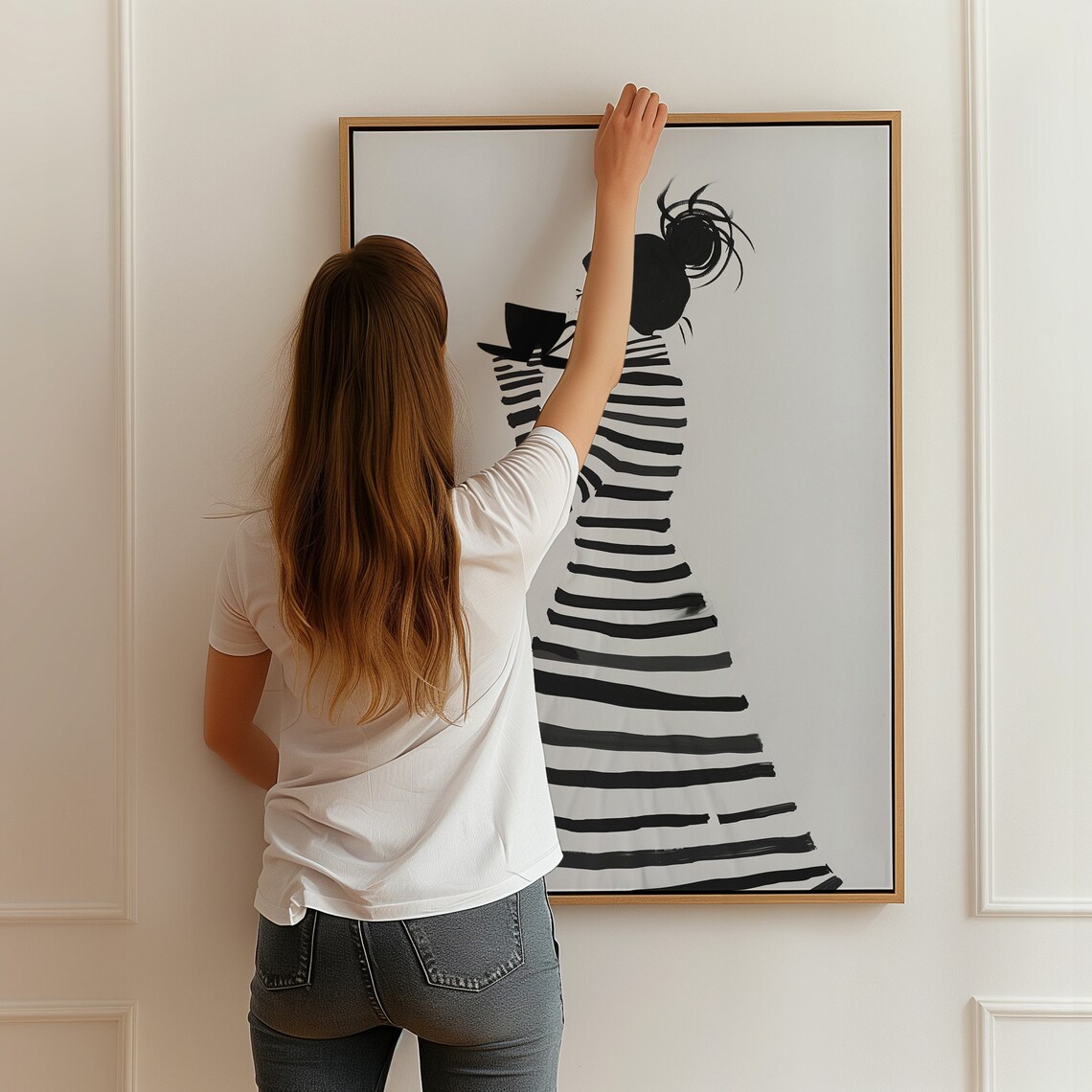 Striped Dress Woman Drinking Coffee Minimal Line Art Morning Poster - Image 3