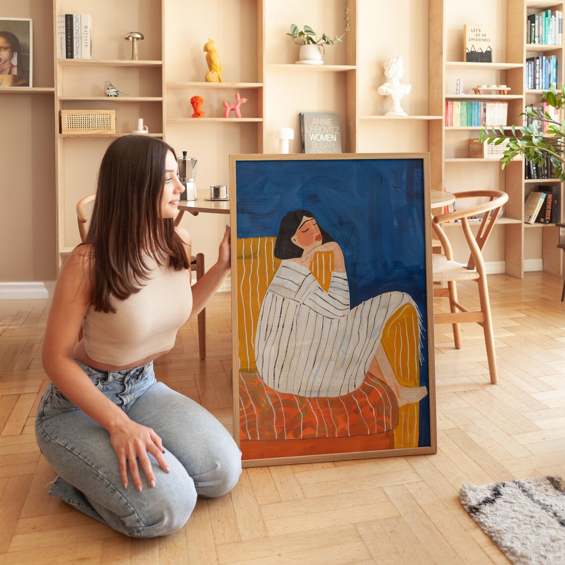 Woman Reclining Striped Dress Couch Deep Blue Orange Modern Art Poster - Image 4