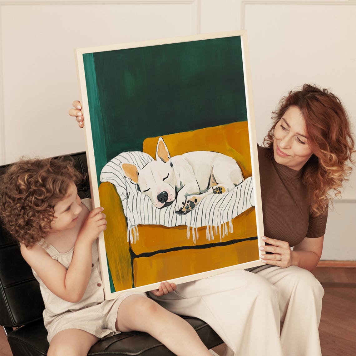 White Bulldog Sleeping On Couch Mustard Cozy Pet Painting Poster