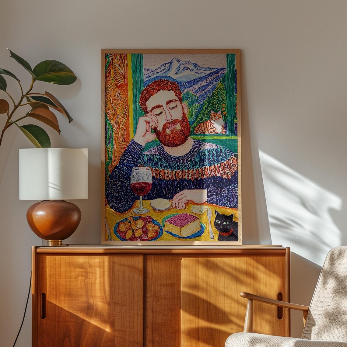 Van Gogh Style Bearded Man with Wine Cats Mountain Scene Poster - Image 3
