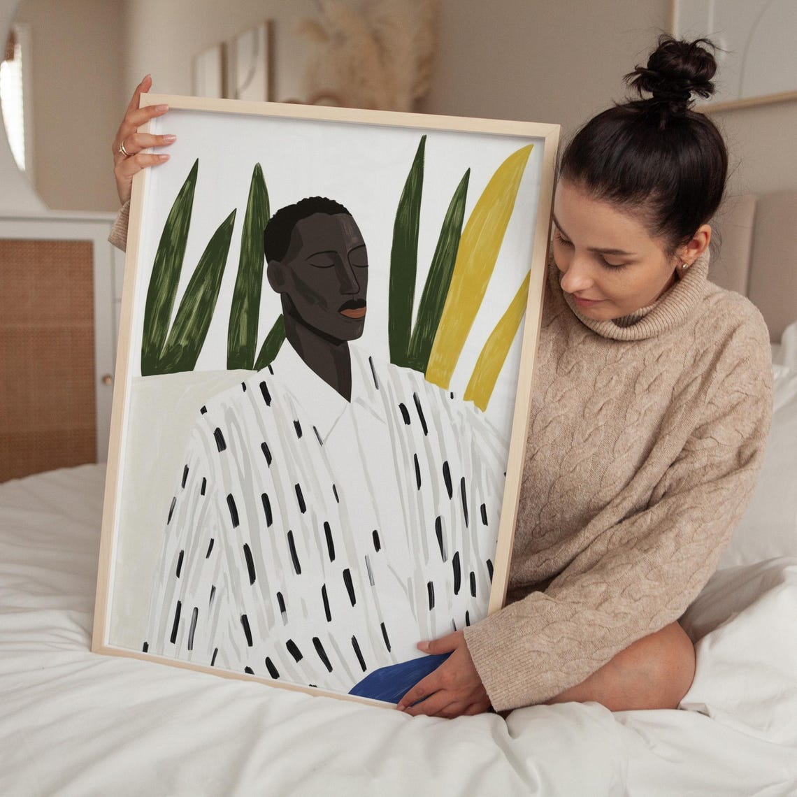 Man In Striped Shirt With Green Botanical Leaves Modern Art Poster - Image 5