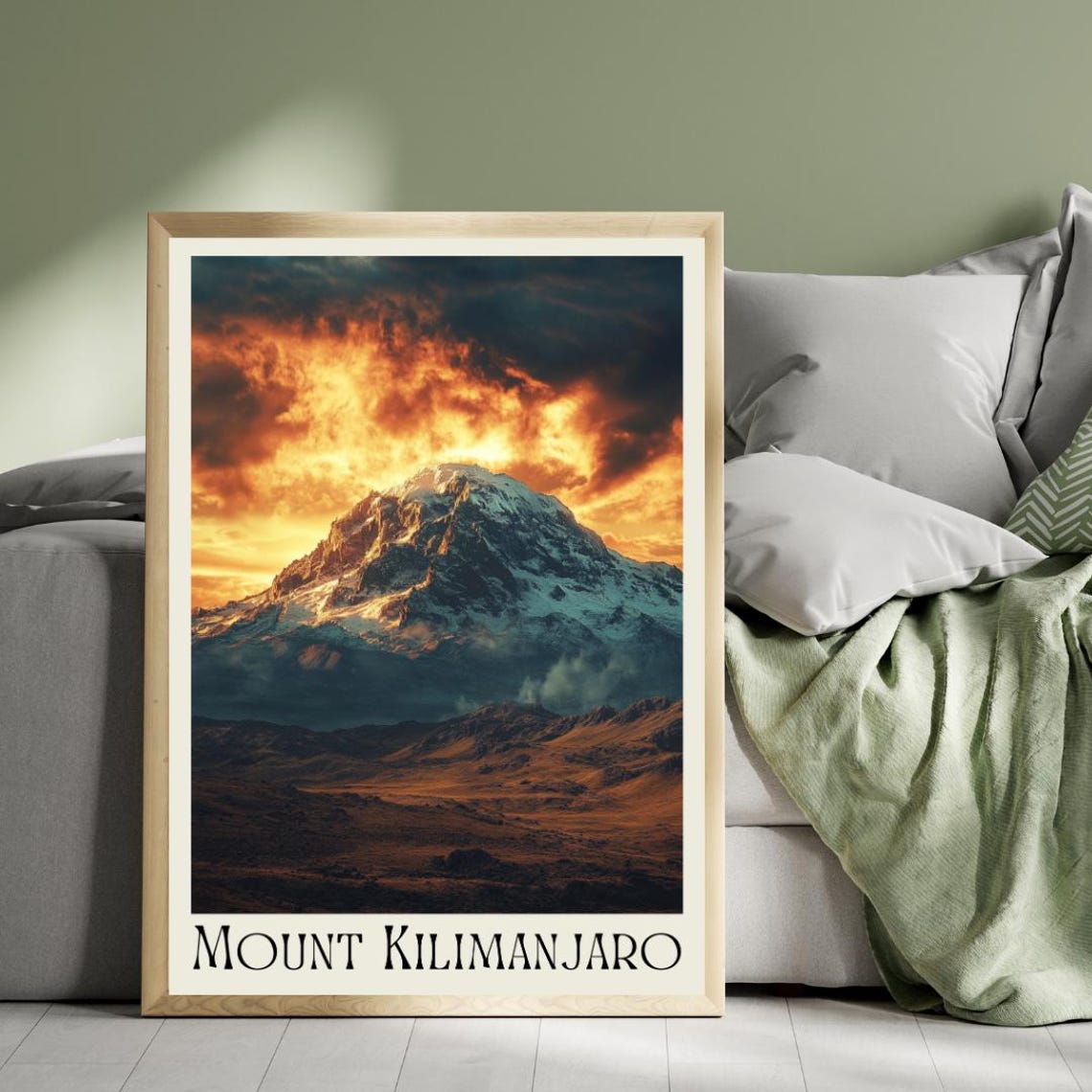 Mount Kilimanjaro Poster with Fiery Sunset over the Snow Peak