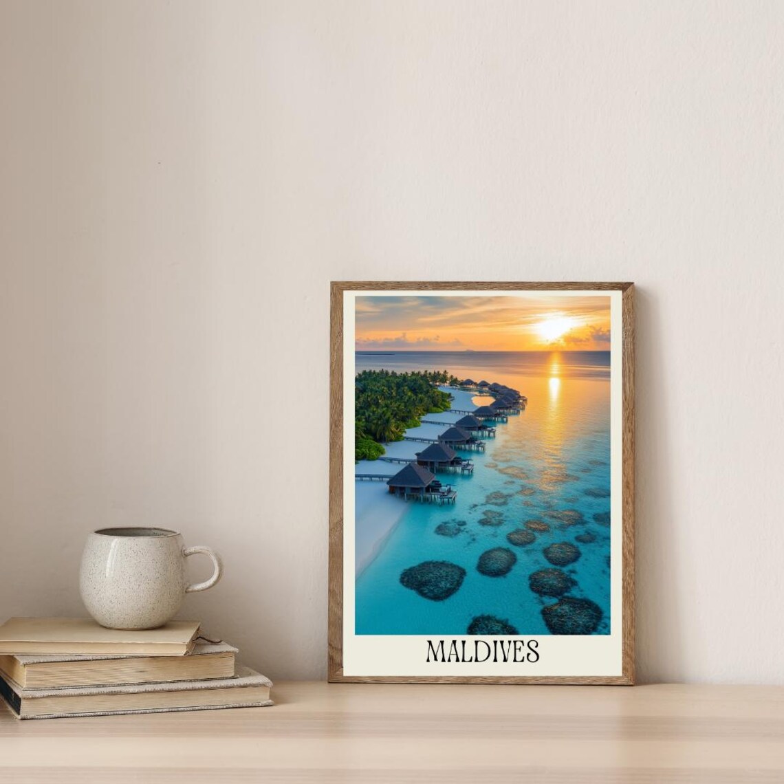 Maldives Travel Poster with Overwater Bungalows at Golden Sunset - Image 4