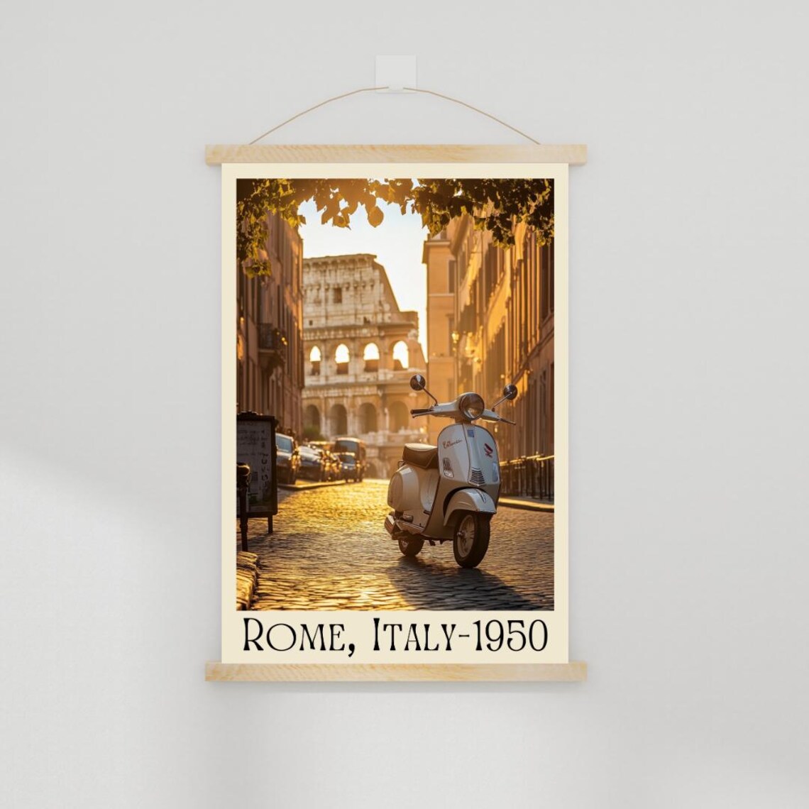 Rome Italy 1950 Poster with White Vespa Scooter and the Colosseum - Image 2