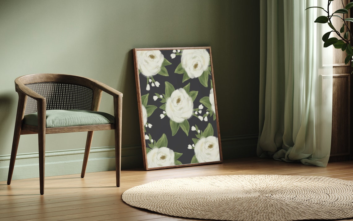 White Peony Floral Pattern Moody Black Background Elegant Flower Print - Image 2