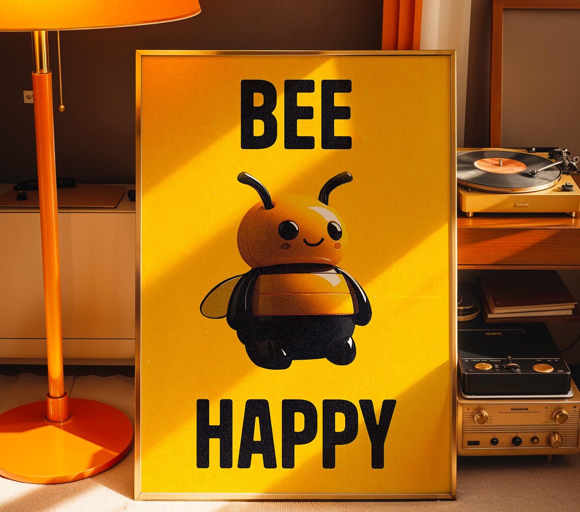 Bee Happy Retro Vintage Poster, Cute Typography