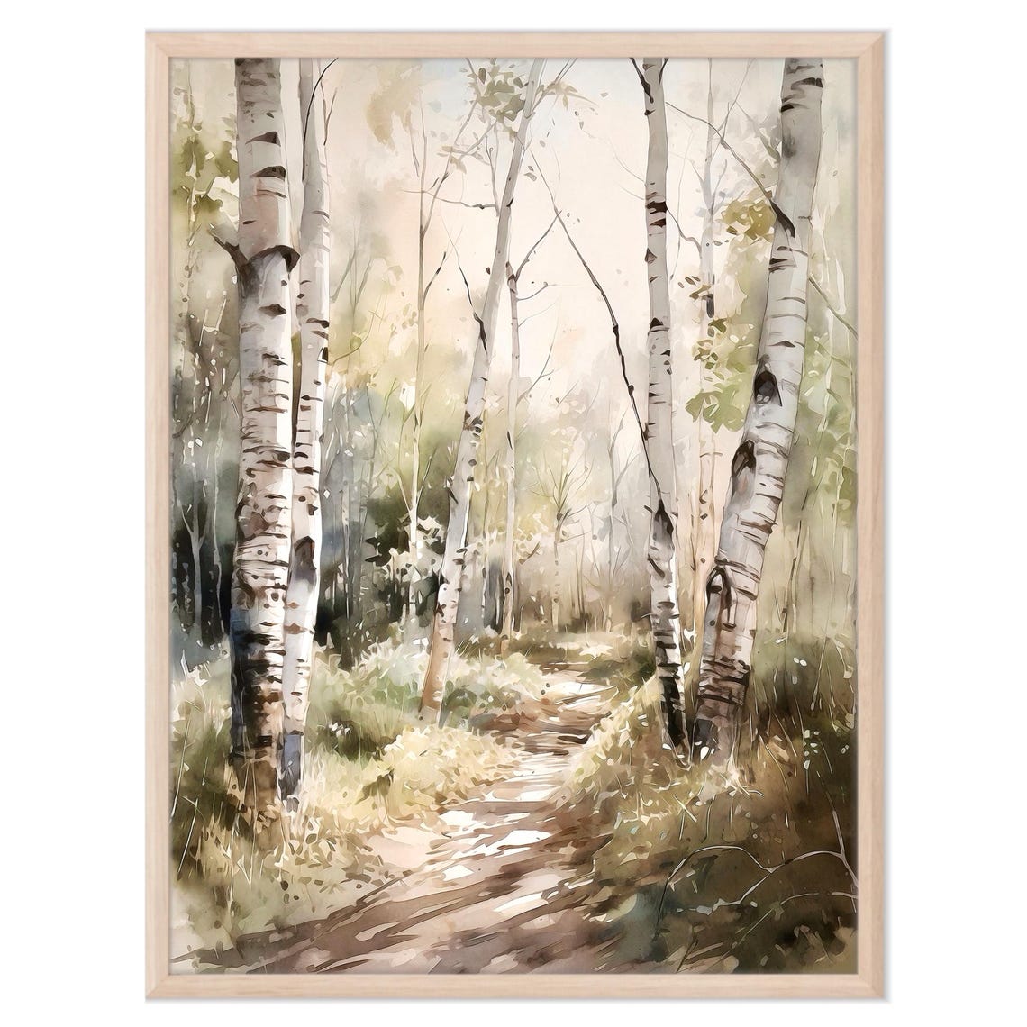 Misty Birch Forest Path Muted Earth Tones Calm Watercolor Poster