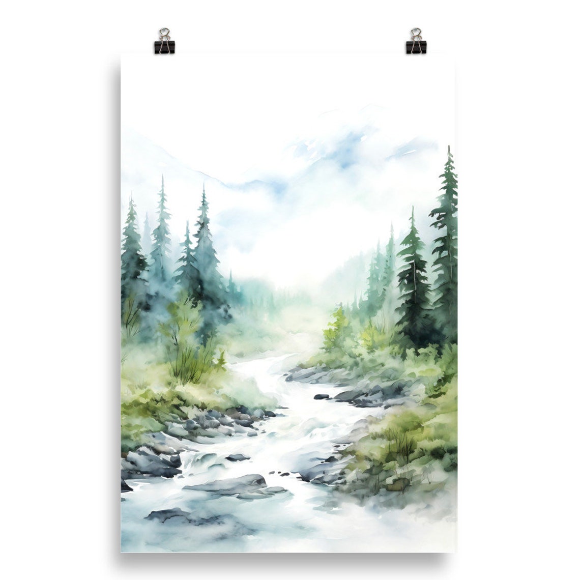 Mountain Stream Watercolor Rushing Creek Pine Forest Peaks Poster - Image 5