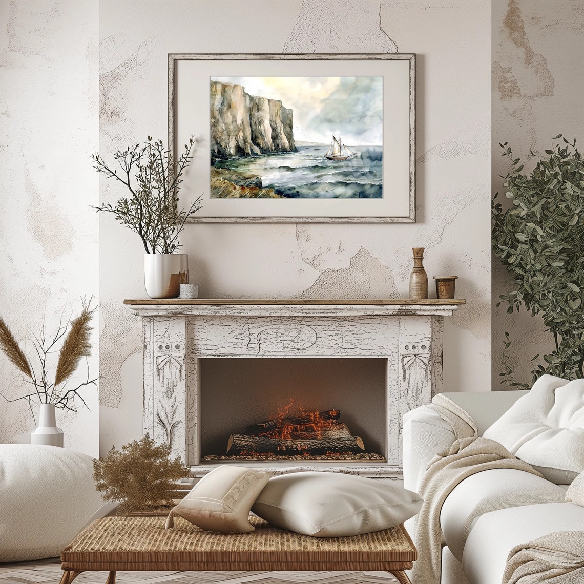 Sailboat Sailing Past Tall Pale Cliffs Watercolor Nautical Poster - Image 2