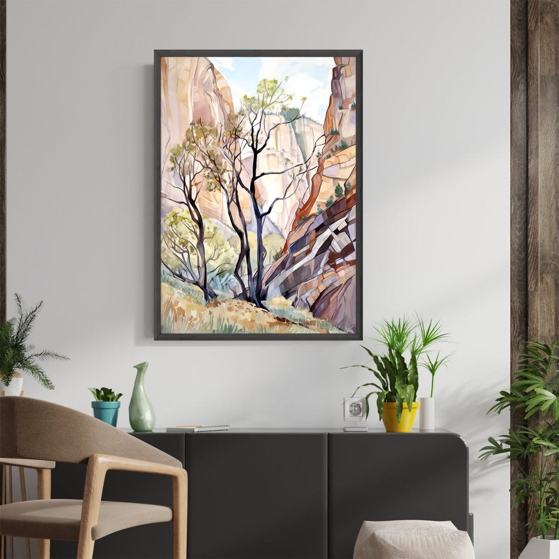 Zion Canyon Trees Red Rock Cliffs Watercolor Nature Art Poster - Image 3