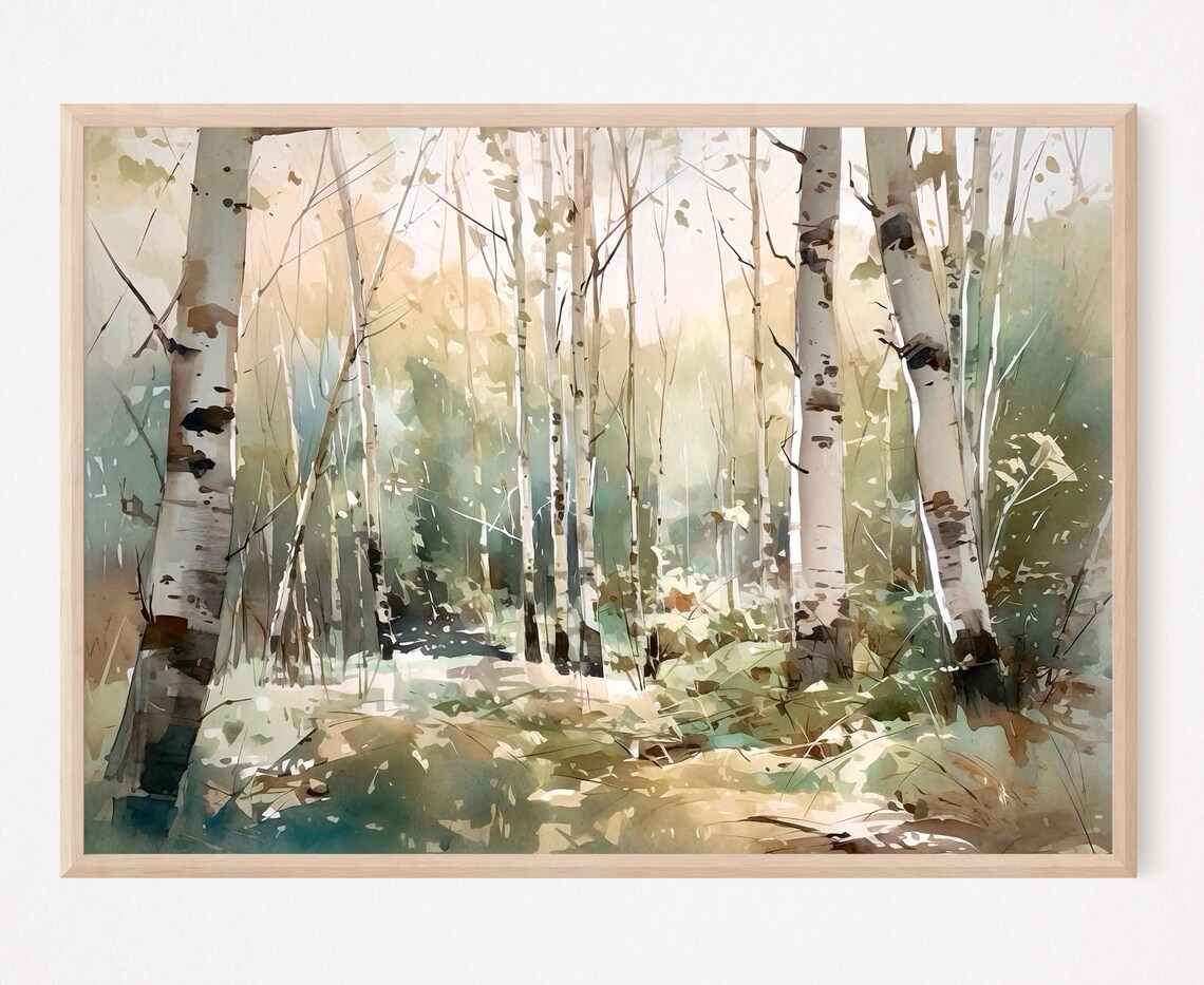 Birch Woods Horizontal Art Print, Watercolor Landscape