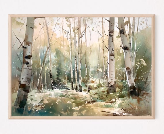Birch Woods Horizontal Art Print, Watercolor Landscape