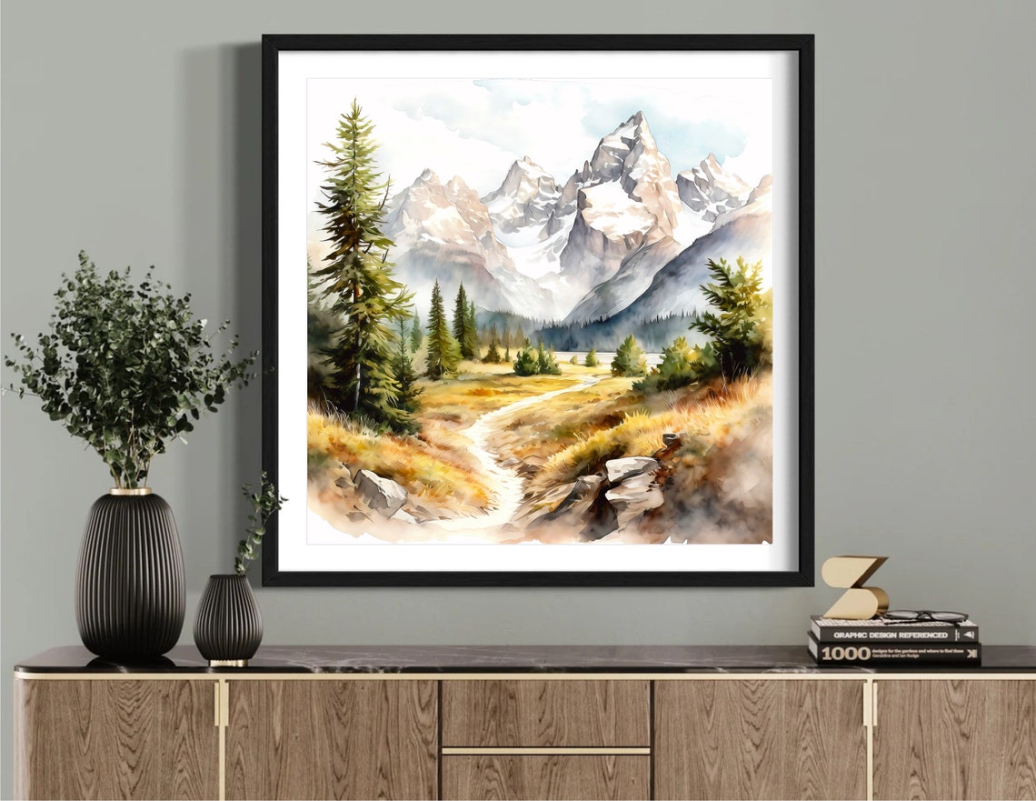 Snowy Jagged Mountain Peaks Pine Forest Meadow Watercolor Poster - Image 4
