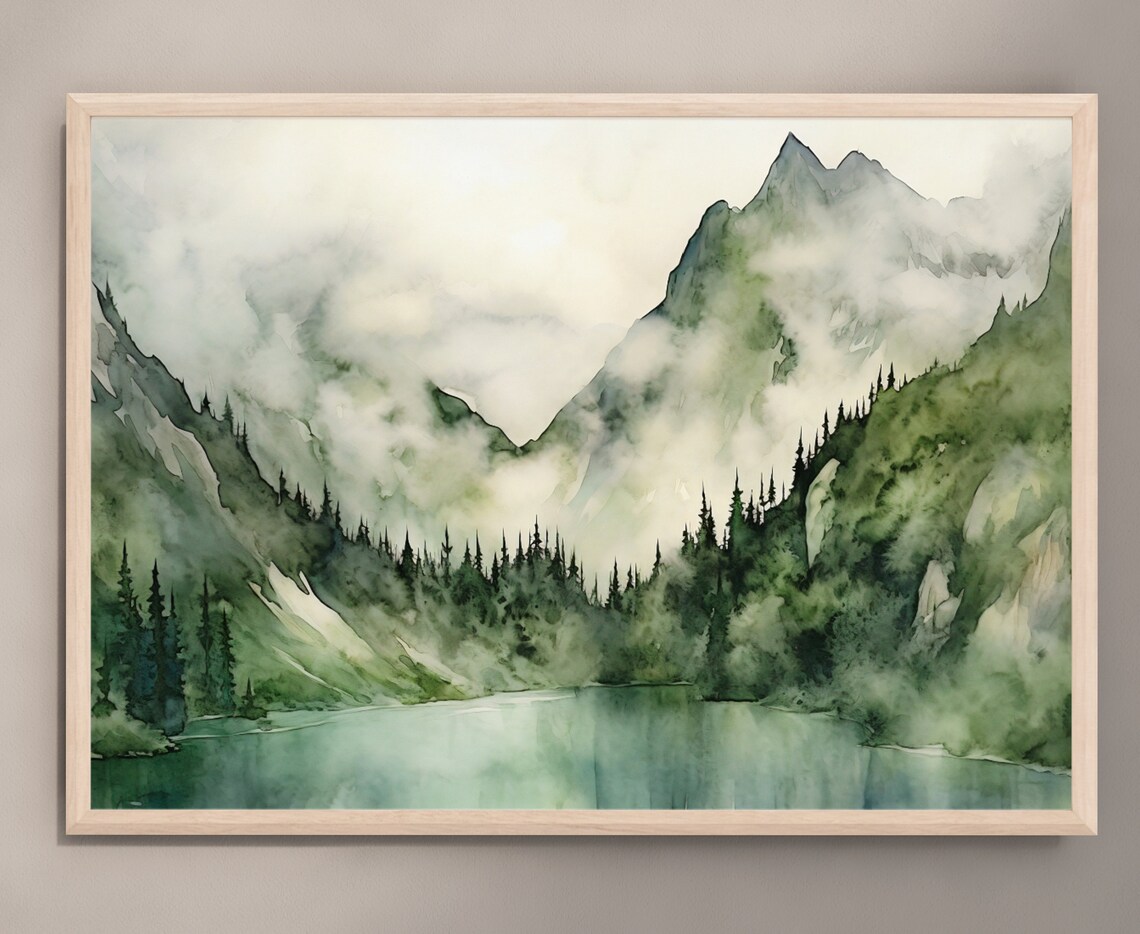 Misty Green Mountain Lake Watercolor with Pine Forest Poster - Image 3