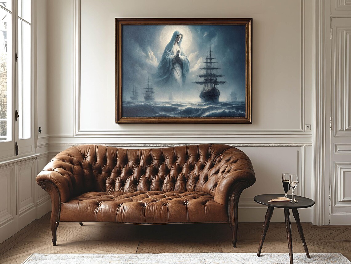Stella Maris Star Of The Sea Moonlit Virgin Mary Over Tall Ships Stormy Sea Poster - Image 5