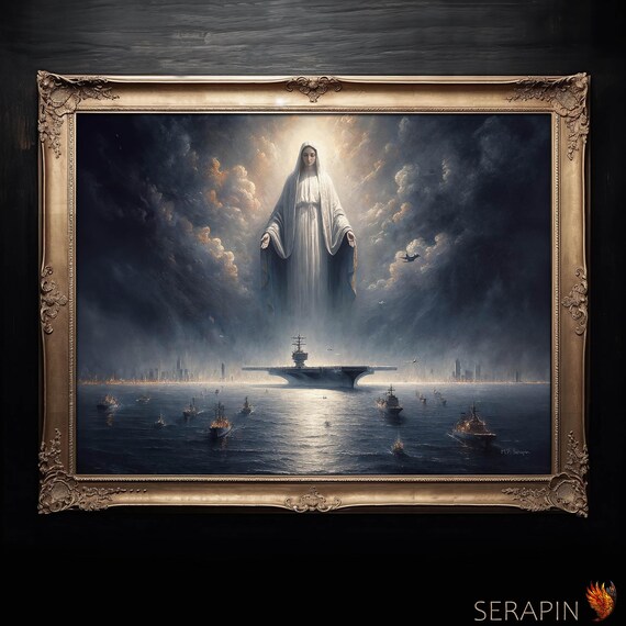 Our Lady Star Of The Sea Virgin Mary Over Naval Fleet And Aircraft Carrier Poster