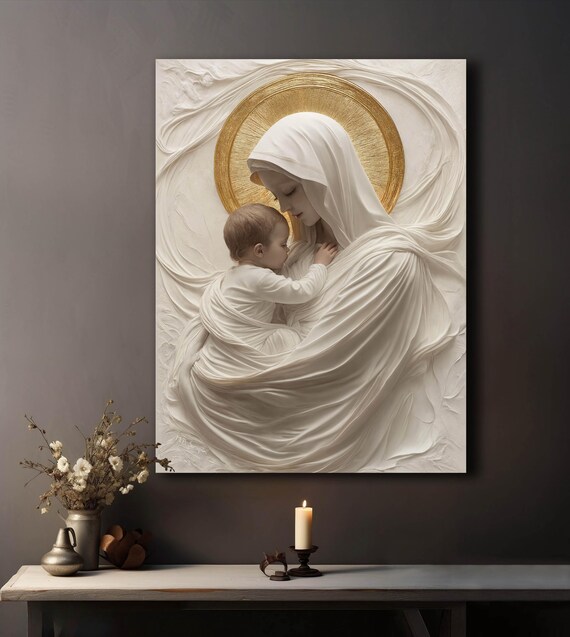 Madonna And Child White Impasto With Golden Halo Serene Catholic Scene Poster
