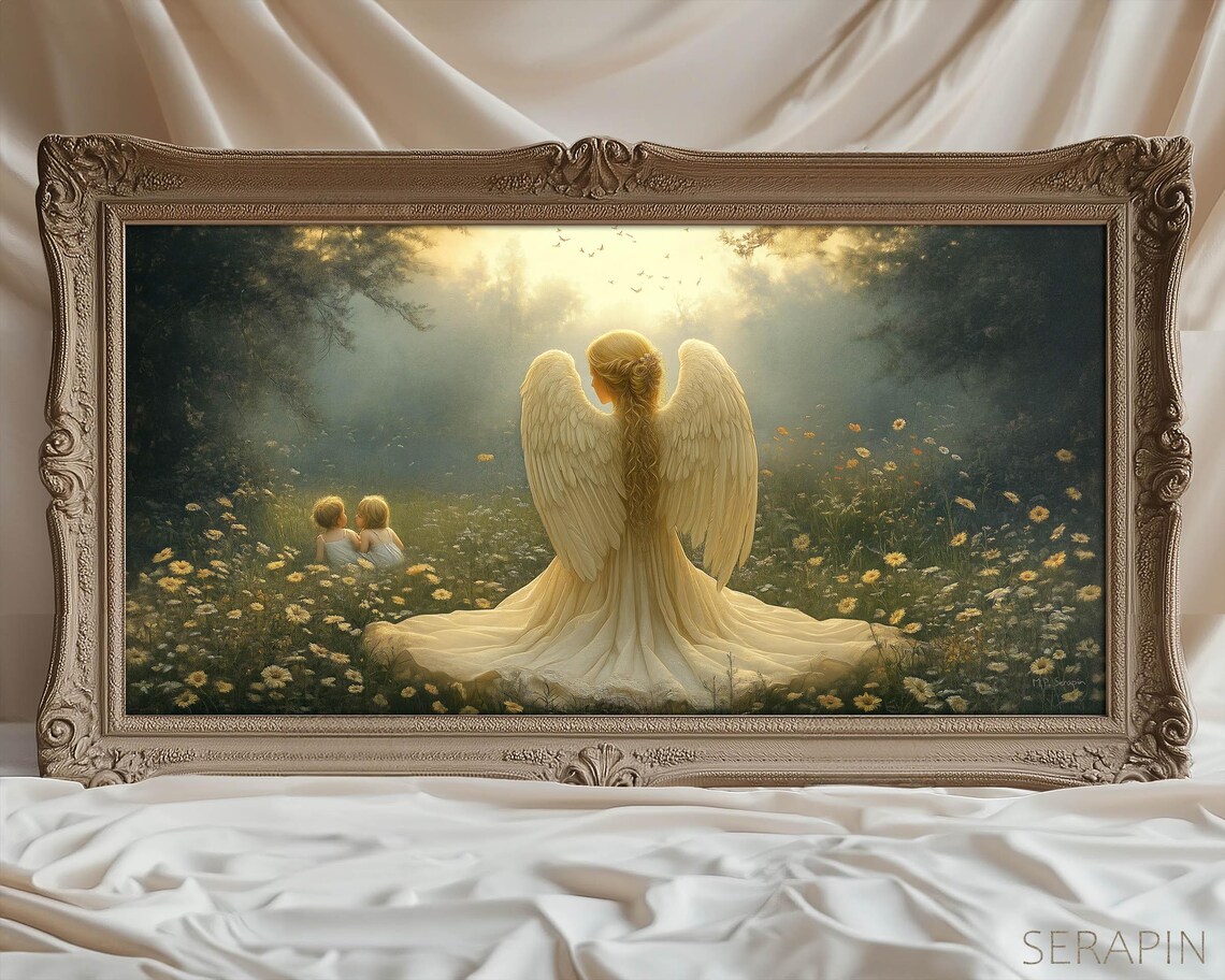 Guardian Angel Watching Over Children In Flower Meadow Panoramic Catholic Poster - Image 3