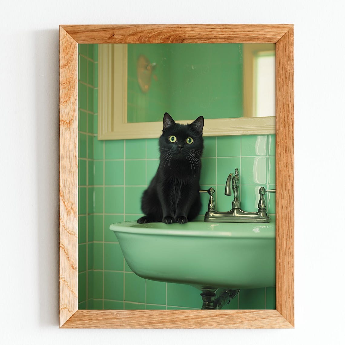 Black Cat Sitting In Mint Bathroom Sink Retro Vintage Cat Portrait Poster